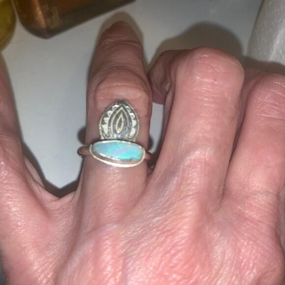 CUSTOM MADE AUSTRALIAN OPAL STERLING SILVER MEHNDI RING 5.75 BOHO - Picture 3 of 7
